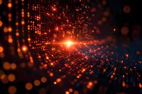 Orange glowing particles and light rays on dark background with digital grid pattern creating futuristic technology visualization effect.