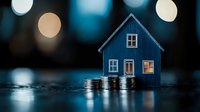 Small blue wooden house model standing on stacks of coins against dark background with blurred bokeh lights, representing real estate investment and property finance.
