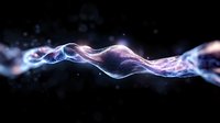 Glowing abstract wave pattern with luminous particles in motion against dark background, featuring purple and blue light trails for technology designs.