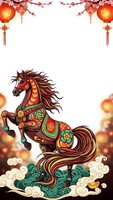 Ornate Chinese horse with decorative patterns and flowing mane surrounded by cherry blossoms, red lanterns and traditional ornaments for lunar new year celebrations.