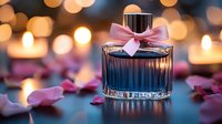 Elegant perfume bottle with pink bow against blurred candlelight background, surrounded by scattered rose petals creating romantic luxury atmosphere.