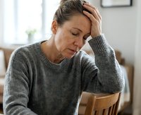 Stressed mature Caucasian woman holding head in hands showing mental health struggles and emotional exhaustion in home setting.