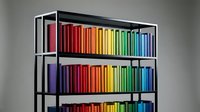 Colorful books arranged by rainbow spectrum on modern black metal bookshelf creating organized library display for education and learning concepts.