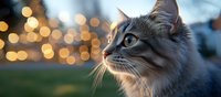 Gray long-haired cat with blue eyes gazing upward against blurred bokeh lights background during golden hour, side profile portrait showcasing majestic feline features.