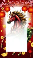 Chinese New Year horse with red lanterns, cherry blossoms and gold coins on festive background with blank space for text and celebration design.