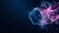 Ethereal glowing profiles in blue and pink merge together with particle effects and flowing energy streams against dark background, depicting connection concept.