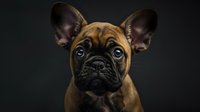 Young French Bulldog puppy with expressive eyes and alert ears poses against dark background, close-up portrait showing distinctive breed characteristics.
