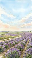 Lavender field landscape with rolling hills, purple flowering plants in rows, and soft sky with clouds, suitable for travel, agriculture, and nature-themed designs.