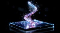 Glowing DNA helix structure emerging from digital screen with sparkles and particles in blue and purple colors against dark background, modern science visualization.