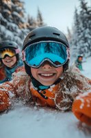 Happy child skier with helmet and goggles lying in fresh powder snow at winter resort with friends enjoying mountain vacation and outdoor winter sports.