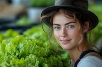Young woman with brown hair and fair complexion wearing dark fedora hat and gray shirt, posing near fresh green lettuce leaves in garden setting for agricultural, farming, or organic produce concepts.