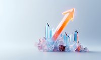 Glowing orange arrow rising through crystal formation symbolizes growth, success, and spiritual awakening against soft blue background.