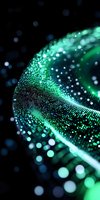 Abstract green digital wave of glowing particles against black background, creating futuristic technology visualization for tech presentations and data concepts.