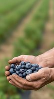 Farmer holding fresh blueberries in cupped hands at harvest time in agricultural field with green foliage background.