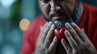 Middle aged bearded man in red sweater holding small decorative heart shape in hands against dark background with bokeh lights, emotional moment.
