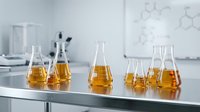 Conical and round-bottom flasks filled with amber liquid arranged on laboratory table with molecular structures on whiteboard in background, suitable for chemistry, research, and scientific education.