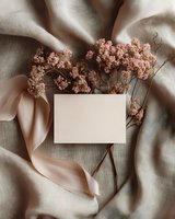 Blank card with dried pink flowers on neutral linen fabric background with soft silk ribbon, perfect for wedding stationery or invitation mockup.