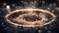 Magical glowing ring with golden sparkles and bokeh effect on dark background creates mystical atmosphere for fantasy and wedding designs.