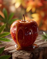 Fresh red apple with caramel dripping down sides on rustic wooden stump, surrounded by autumn foliage and green leaves in warm bokeh background.