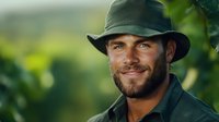 Caucasian male adventurer wearing dark fedora hat and outdoor jacket against blurred green nature background. Portrait suitable for travel, adventure, and lifestyle marketing.