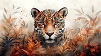 Majestic jaguar head portrait surrounded by autumn-colored foliage and leaves in watercolor style, featuring intense eyes and detailed spotted fur pattern against soft botanical background.