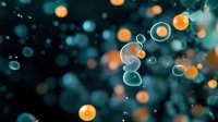 Abstract bokeh background with floating transparent bubbles and glowing orange light spots against dark teal backdrop, creating dreamy atmospheric effect.