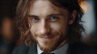 Young Caucasian man with blue eyes, ginger beard and wavy brown hair smiling warmly at camera. Professional headshot portrait with soft bokeh background for business or lifestyle.