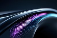 Abstract curved black surface with glowing neon dots pattern in purple and blue colors creating modern futuristic background for technology designs.