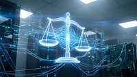 Digital justice scales hologram floating in modern server room with glowing network connections and data streams representing legal technology and cyber law enforcement.