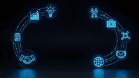 Digital business cycle with glowing blue icons showing workflow process from handshake to global connectivity on dark background for corporate presentations.