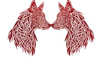 Symmetrical red celtic wolf heads touching noses in tribal style ornamental design on white isolated background, suitable for tattoo art and decorative prints.