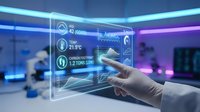 Caucasian male hand interacting with holographic display showing environmental data including humidity, temperature and carbon footprint metrics in modern office with neon lighting.