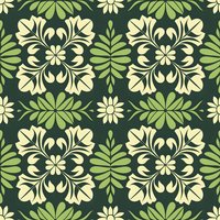 Seamless floral pattern with cream and green Hawaiian inspired motifs on dark green background. Repeating botanical design with symmetrical leaves and flowers.