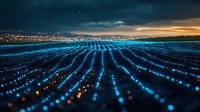 Glowing blue digital wave grid pattern stretches to horizon against dark sky with city lights, representing data flow and technological advancement.