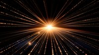 Bright golden light burst with radiating beams and particles on dark background creates dramatic perspective effect for technology and space designs.