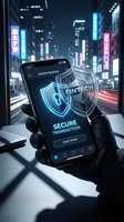Hand holding smartphone displaying fintech mobile banking app with security shield and lock icon against futuristic city night background with neon lights.