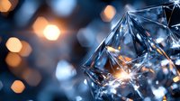Crystal geometric shapes with glowing orange bokeh lights in background creating modern abstract composition with reflective surfaces and depth of field.