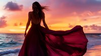 Young woman in flowing burgundy dress standing on beach at sunset, wind blowing hair and fabric dramatically against orange sky and ocean waves.