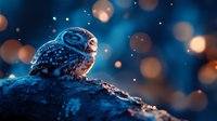 Small owl perched on textured surface with magical bokeh lights creating dreamy nighttime atmosphere for wildlife and nature photography projects.
