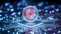 Glowing medical shield icon on a futuristic circuit board with blue bokeh lights, symbolizing digital healthcare security and data protection.