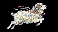 Decorative running ram with ornate swirl patterns and colorful ribbons, isolated on transparent background, ready for stickers, sublimation, t-shirt design, and print on demand.