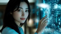 Young Asian woman touching futuristic holographic interface with glowing blue digital circuits and data visualization in modern tech environment.