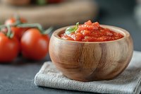 Fresh homemade tomato sauce in wooden bowl garnished with basil leaf, served with ripe tomatoes on gray concrete background. Traditional Italian cuisine.