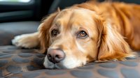 Golden Retriever dog with soulful eyes lying on patterned couch, close-up portrait showing gentle expression and soft honey-colored fur in natural light.