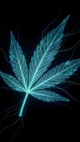 Glowing turquoise cannabis leaf with intricate vein patterns on black background. Digital art concept for medical marijuana, hemp industry and botanical designs.