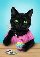 Black cat with striking green eyes wearing pink shirt, holding paintbrush and decorated Easter egg, sitting at wooden table with palette against turquoise background for holiday creative projects.