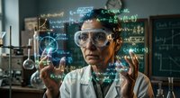 Middle-aged Asian male scientist in lab coat and safety goggles working with holographic mathematical equations and formulas in modern laboratory setting.