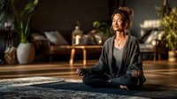 Middle-aged Asian woman practicing meditation in lotus position at home with warm sunlight streaming through windows creating peaceful wellness atmosphere.