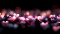 Glowing pink heart shapes with sparkles and bokeh effects on dark background create romantic atmosphere for Valentine's Day designs and love themes.