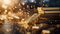 Stack of books with magical golden sparkles and bokeh lights creating mystical atmosphere on dark background, soft focus literary concept.